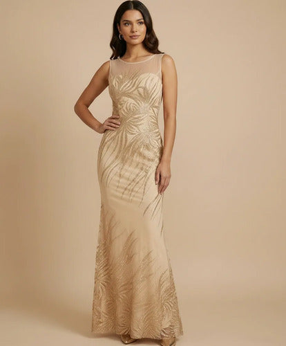 Vestido largo sirena beige hombros descubiertos
