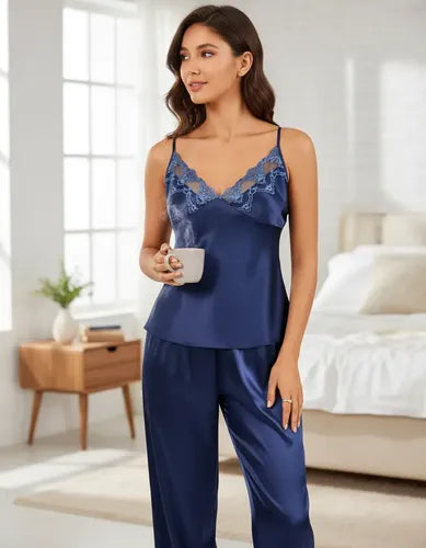 Pijama Mujer Raso Pantalón Y Camisa Pj 02 Delpilar Azul L