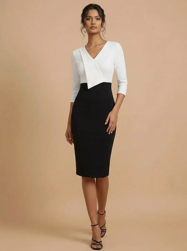 Vestido midi blanco y gris bodycon escote cruzado