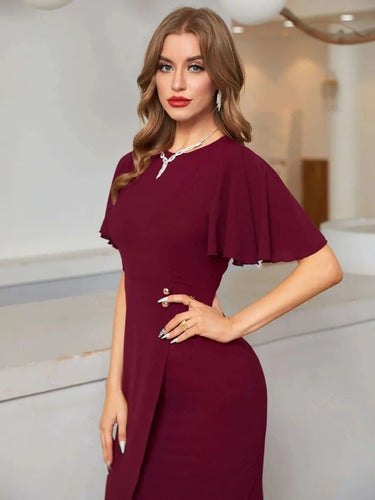 Vestido Gasa Largo Ajustado Cuello Redondo Va 498 Rojo M