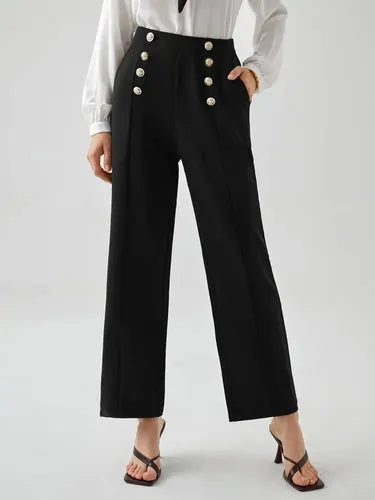 Pantalon Mujer Cintura Alta Pierna Ancha Botones