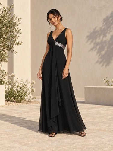 Vestido largo negro y violeta en gasa escote V