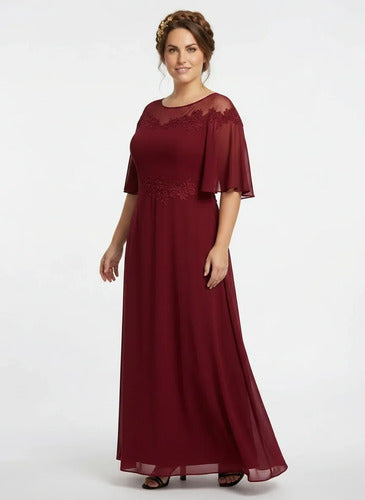 Vestido largo evasé bordó manga 3/4, talla grande