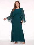 Vestido largo evasé verde manga capa, talla grande
