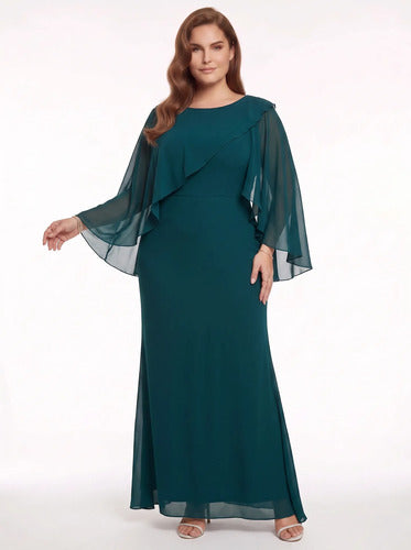 Vestido largo evasé verde manga capa, talla grande