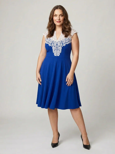 Vestido corto azul evasé sin mangas escote V talla grande