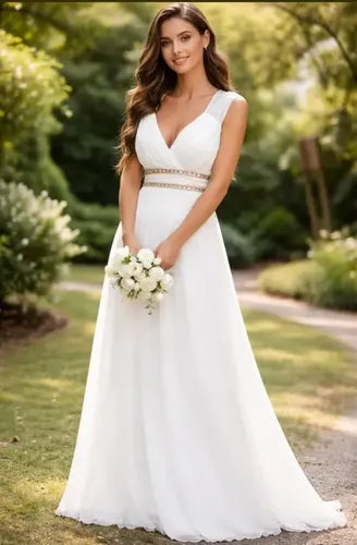 Vestido largo de novia gasa blanco espalda descubierta