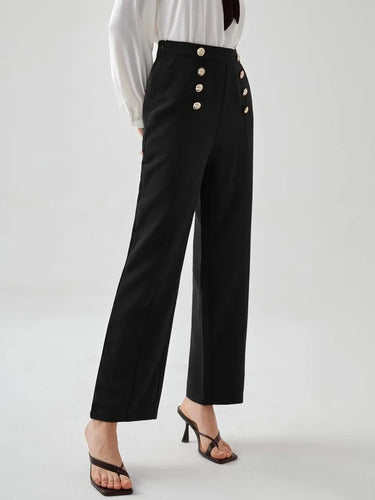 Pantalon Mujer Cintura Alta Pierna Ancha Botones