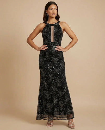 Vestido largo negro lentejuelas cuello halter de gala