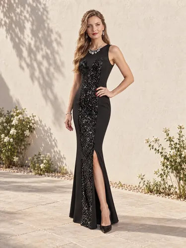 Vestido largo de fiesta negro cuello redondo sin mangas