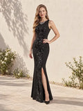 Vestido largo de fiesta negro cuello redondo sin mangas