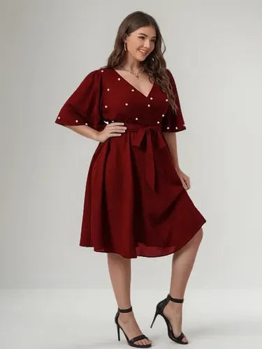 Vestido Fiesta Talla Grande Gasa Con Perlas Manga Vg 100
