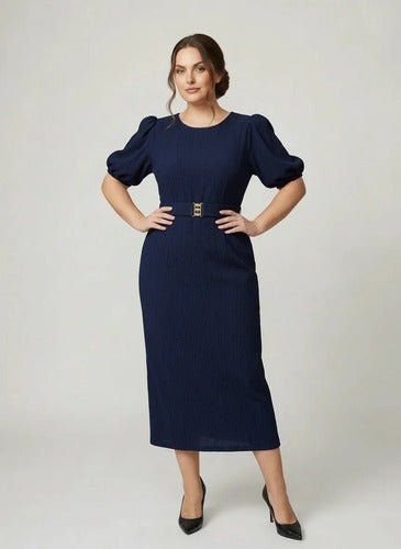 Vestido corto azul con cinturón cuello cubierto cóctel