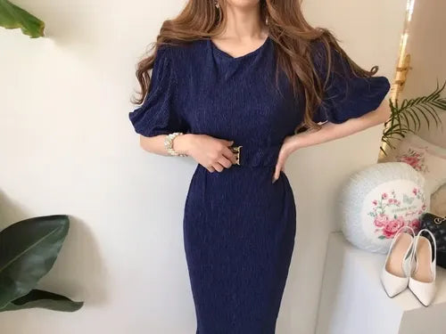 Vestido  Coctel Fiesta Mangas Cinturón Va 436 Azul L