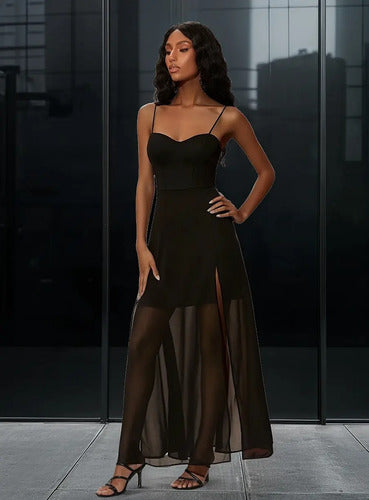 Vestido Fiesta Gasa Forrado Abertura Piernas Va 563 Negro S