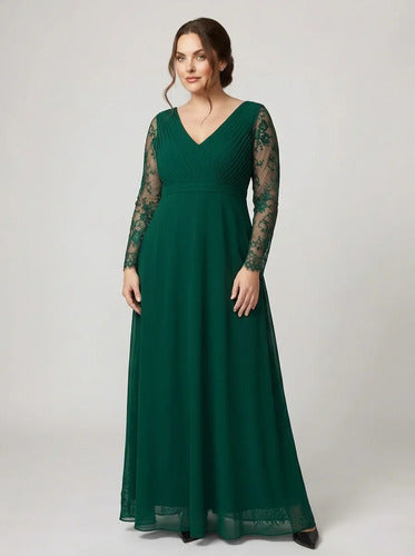 Vestido largo de fiesta evasé en gasa con manga larga