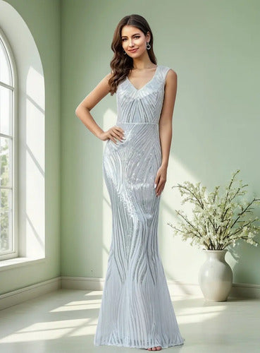 Vestido Fiesta  Largo Lentejuelas Ep 182 Blanco 10