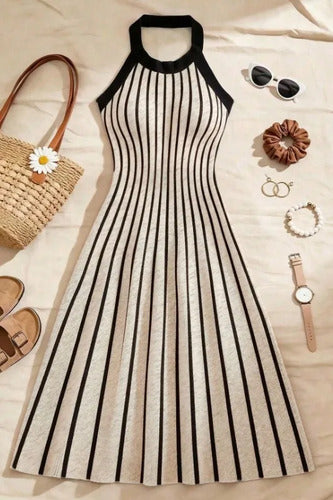 Vestido De Punto Ajustado Jersey Canalé  Vt 14 Beige M