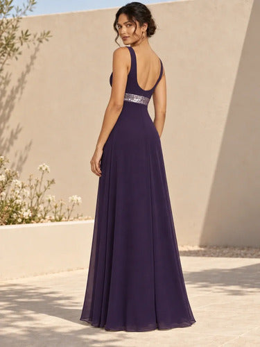 Vestido largo negro y violeta en gasa escote V