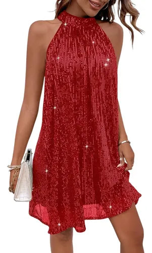 Vestido Mujer Corto Fiesta Lentejuelas Cuello Halter Vl 73
