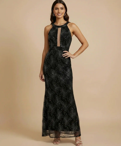 Vestido largo negro lentejuelas cuello halter de gala