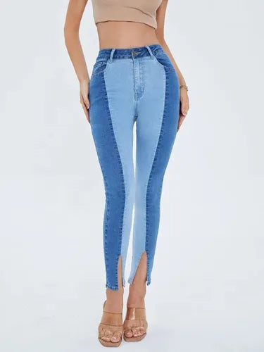 Jeans Mujer Bicolor Pitillo Elasticado Tiro Alto Js 01  Azul S