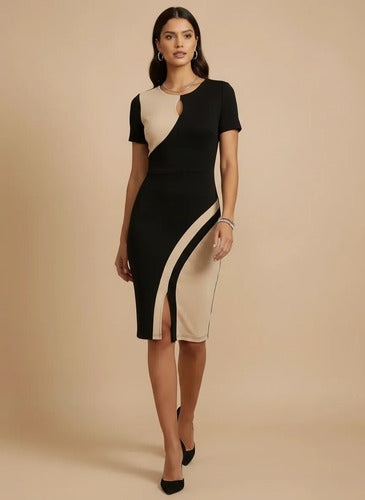 Vestido midi bodycon blanco y negro cuello redondo