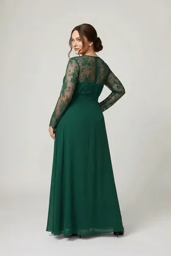Vestido largo de fiesta evasé en gasa con manga larga