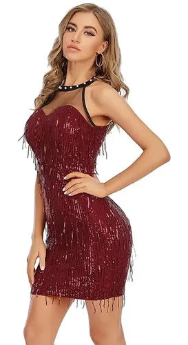 Vestido Corto Fiesta Lentejuelas Burdeo Vl 39
