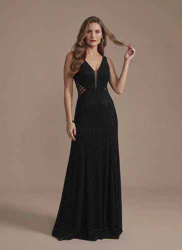 Vestido largo de fiesta evasé en terciopelo bordó y negro