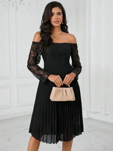 Vestido Hombros Descubiertos Manga Larga Encaje Va 598 Negro S