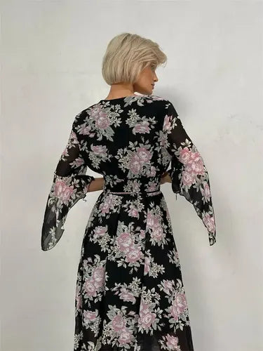 Vestido Largo Gasa Con Flores Vintage Femenino Vd 117