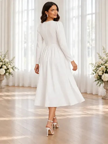 Vestido midi blanco novia civil prendedor