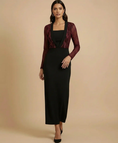 Vestido largo negro brillos cuello cuadrado