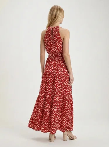 Vestido largo rojo floral halter con cinturón