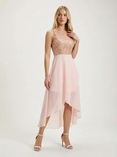 Vestido midi dorado y rosa lentejuelas strapless cóctel