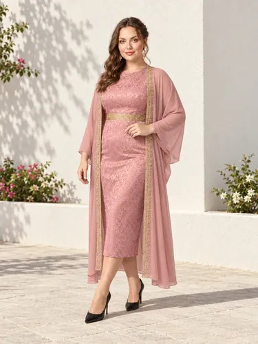 Vestido largo jacquard rosa con capa de gasa