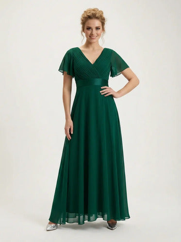 Vestido largo dama de honor en gasa escote V