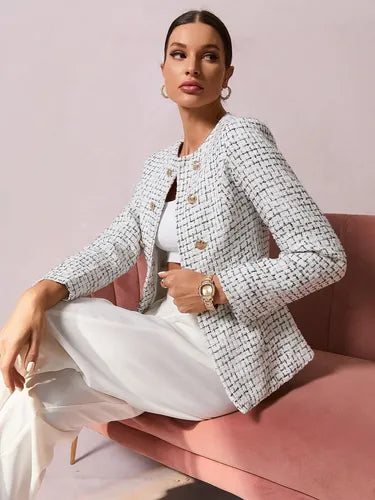 Blazer  Abrigo  Chaqueta Mujer Tweed Bolsillos Forrado Bb 45 Blanco S