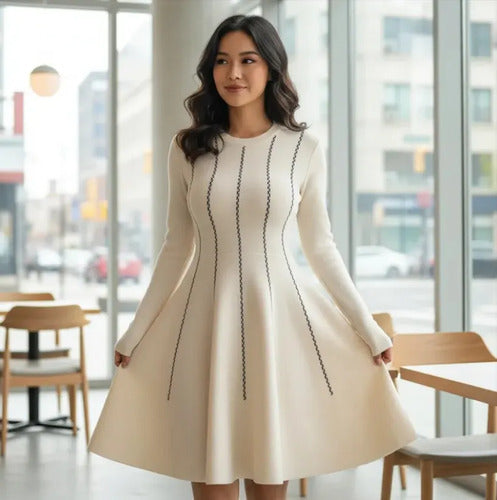 Vestido Tejido  Ajustado Coctel Punto Jersey Vt 10 Blanco Crema M