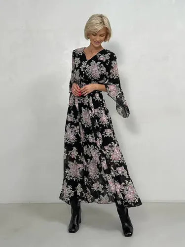 Vestido Largo Gasa Con Flores Vintage Femenino Vd 117