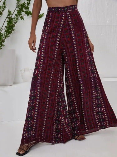 Pantalón Mujer Pierna Ancha Estampado Pt 12 Burdeo Xs