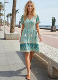 Vestido corto bohemio verde multicolor escote V línea A