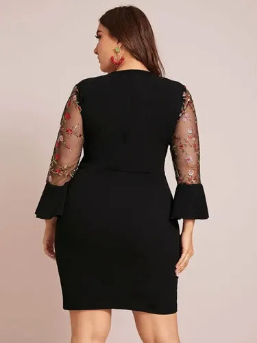 Vestido Negro Ajustado Con Mangas Talla Grande Vg 94