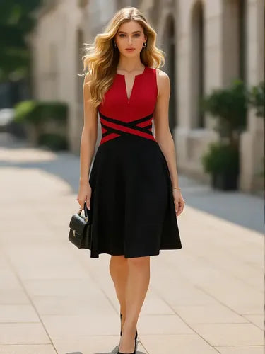 Vestido Oficina Cóctel Casual Acampanado Va 597 Rojo- Negro M