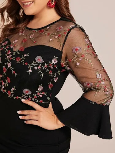 Vestido Negro Ajustado Con Mangas Talla Grande Vg 94