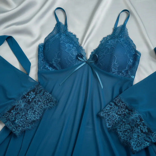 Camisón Y Bata Lencería Set De Pijama Babydolls Pj 12 Azul Verdoso M