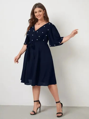 Vestido Fiesta Talla Grande Gasa Con Perlas Manga Vg 100