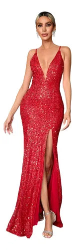 Vestido Fiesta Largo Mujer Escote V Lentejuelas Vl 74