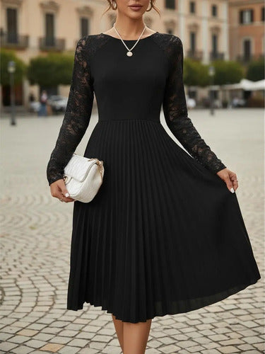 Vestido Plisado Cuello Redondo Manga De Encajes Va 499